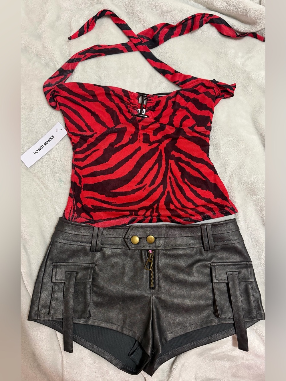 ✨Nikki Freeman Obsession Outfit- Red Zebra Halter Top with Leather Cargo Shorts✨